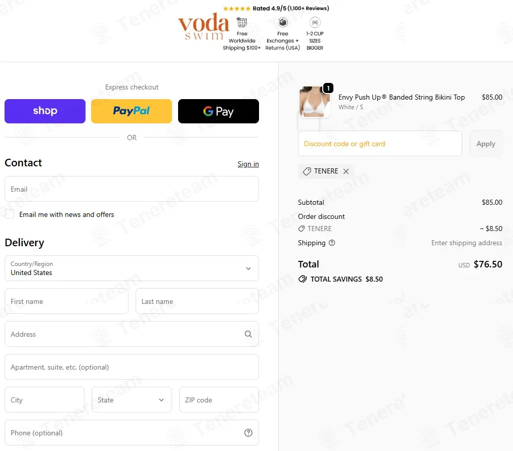 Voda Swim coupon code: 10% off with TENERE. Tested and valid as 1 month ago.