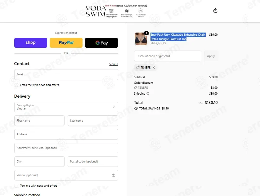 Voda Swim coupon code: 10% off with TENERE. Tested and valid as 1 month ago.