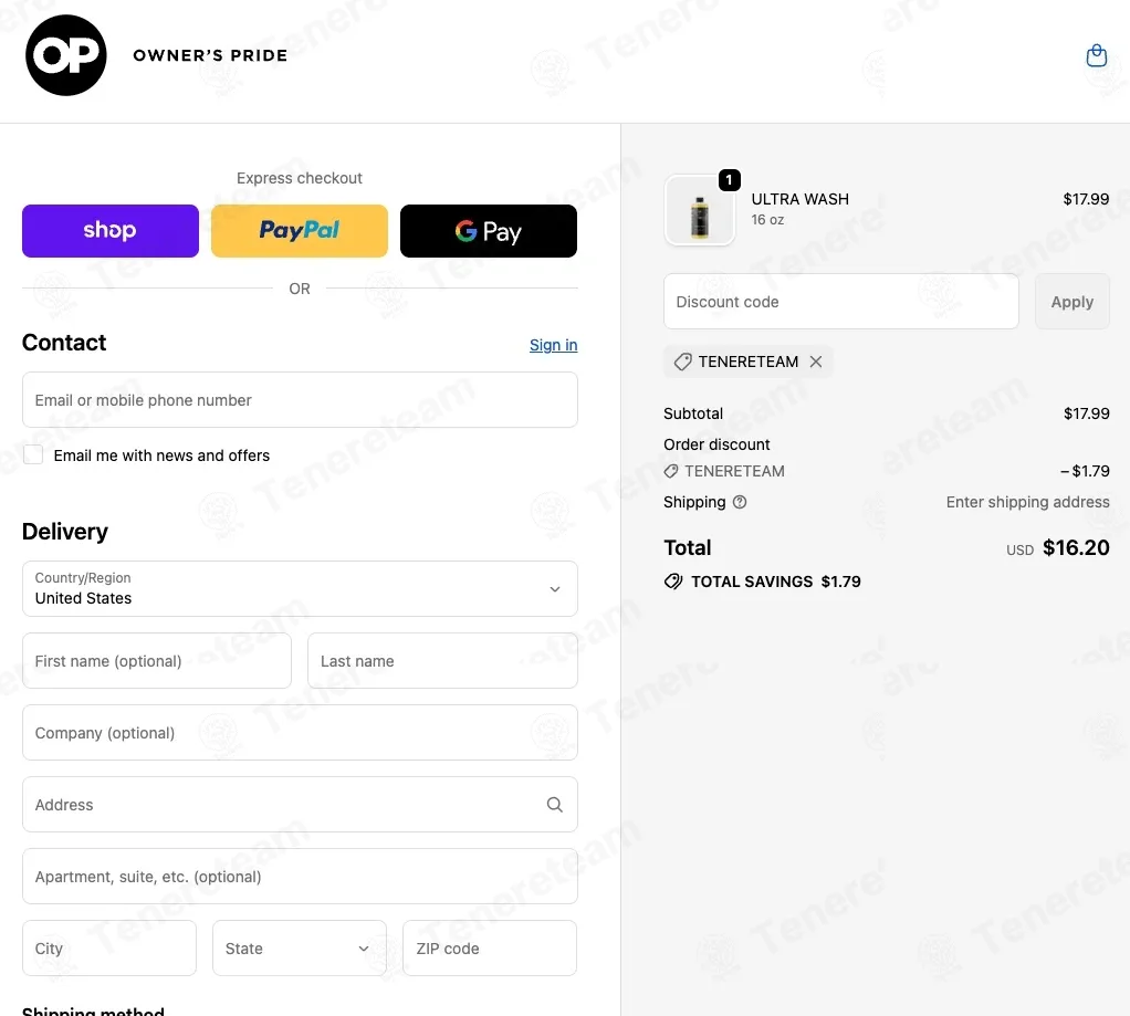 Owners Pride coupon code re-checked and confirmed working at checkout