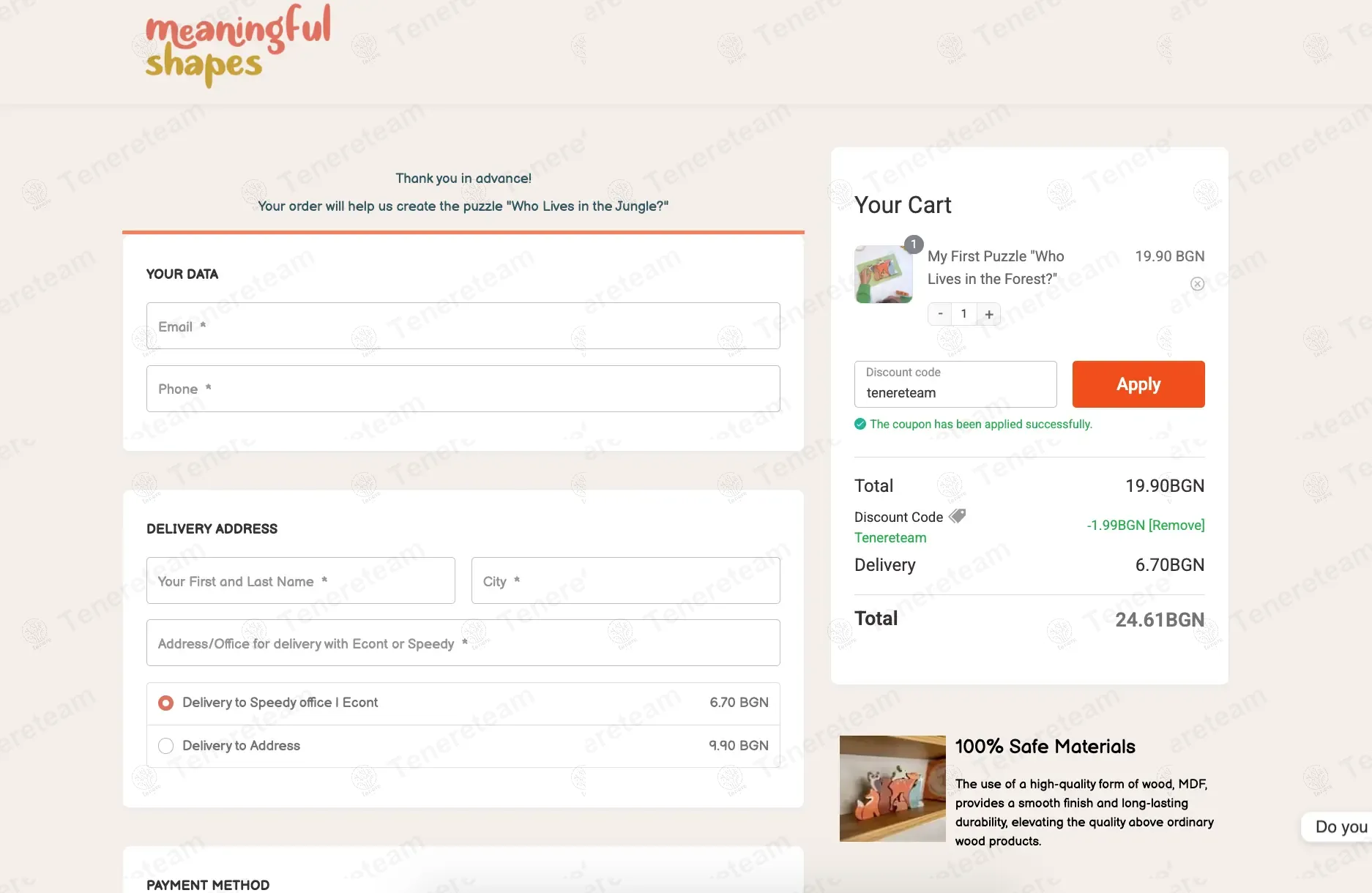 Meaningfulshapes coupon code: 10% off with tenereteam. Tested and valid as 10 months ago.