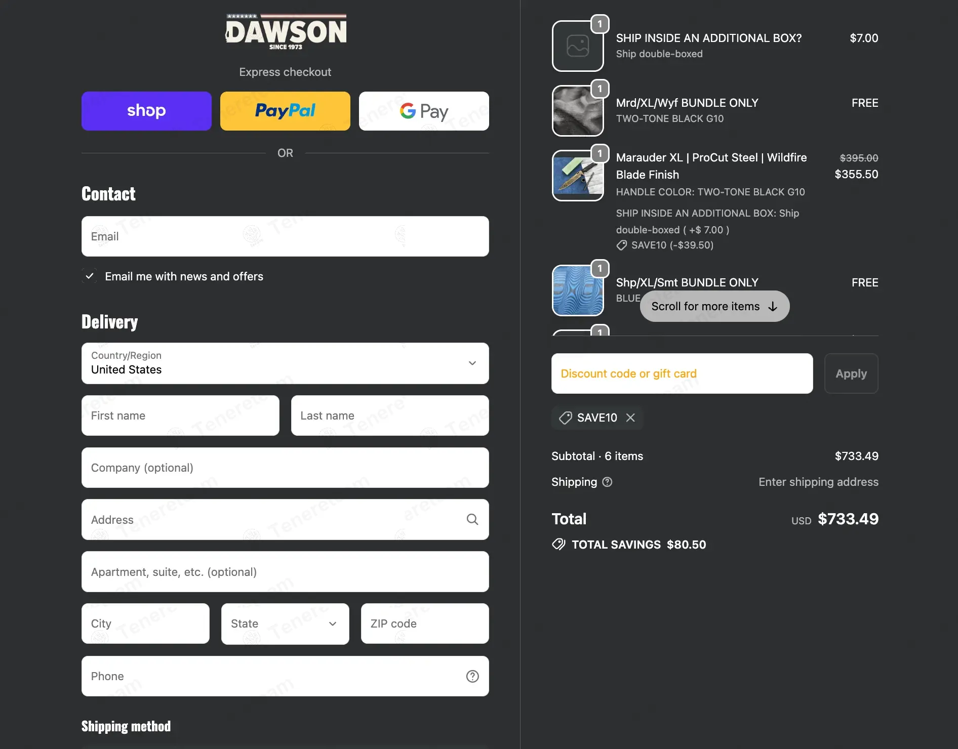 Dawson Knives coupon code: 10% off with SAVE10. Tested and valid as 8 months ago.