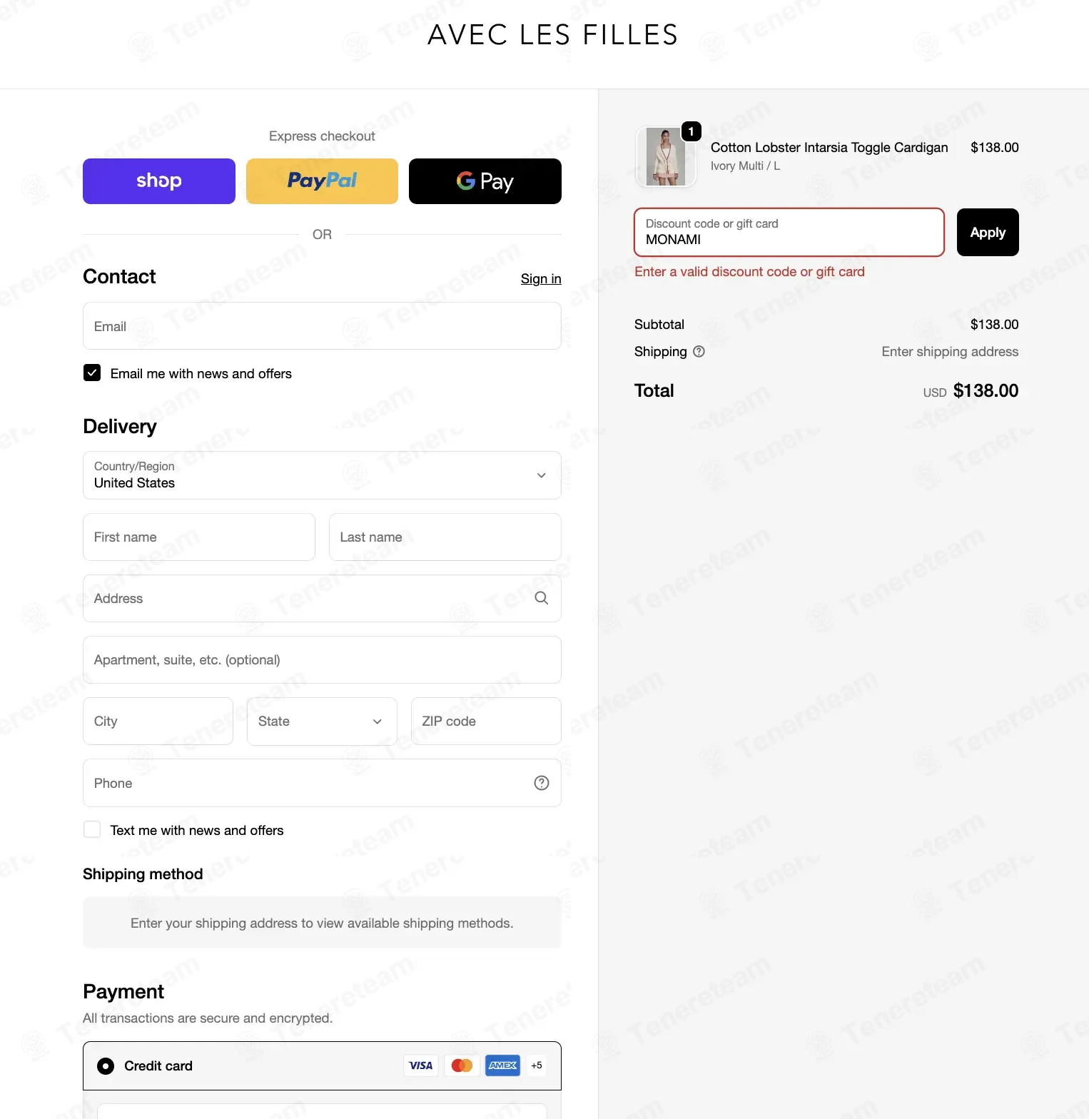 Avec Les Filles coupon code: 15% off with MONAMI. Tested and valid as 2 weeks ago.