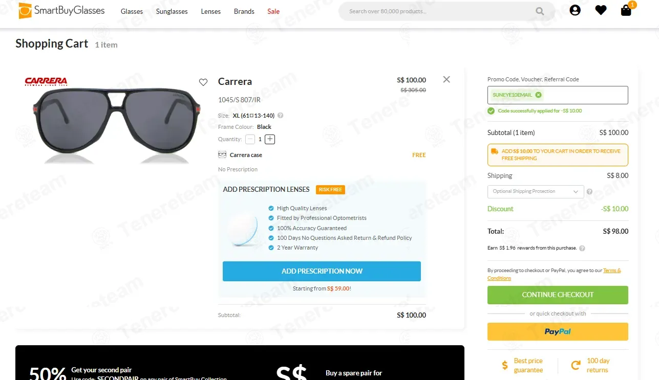 SmartBuyGlasses SG coupon code: 10% off with SUNEYE10EMAIL. Tested and valid as 5 months ago.