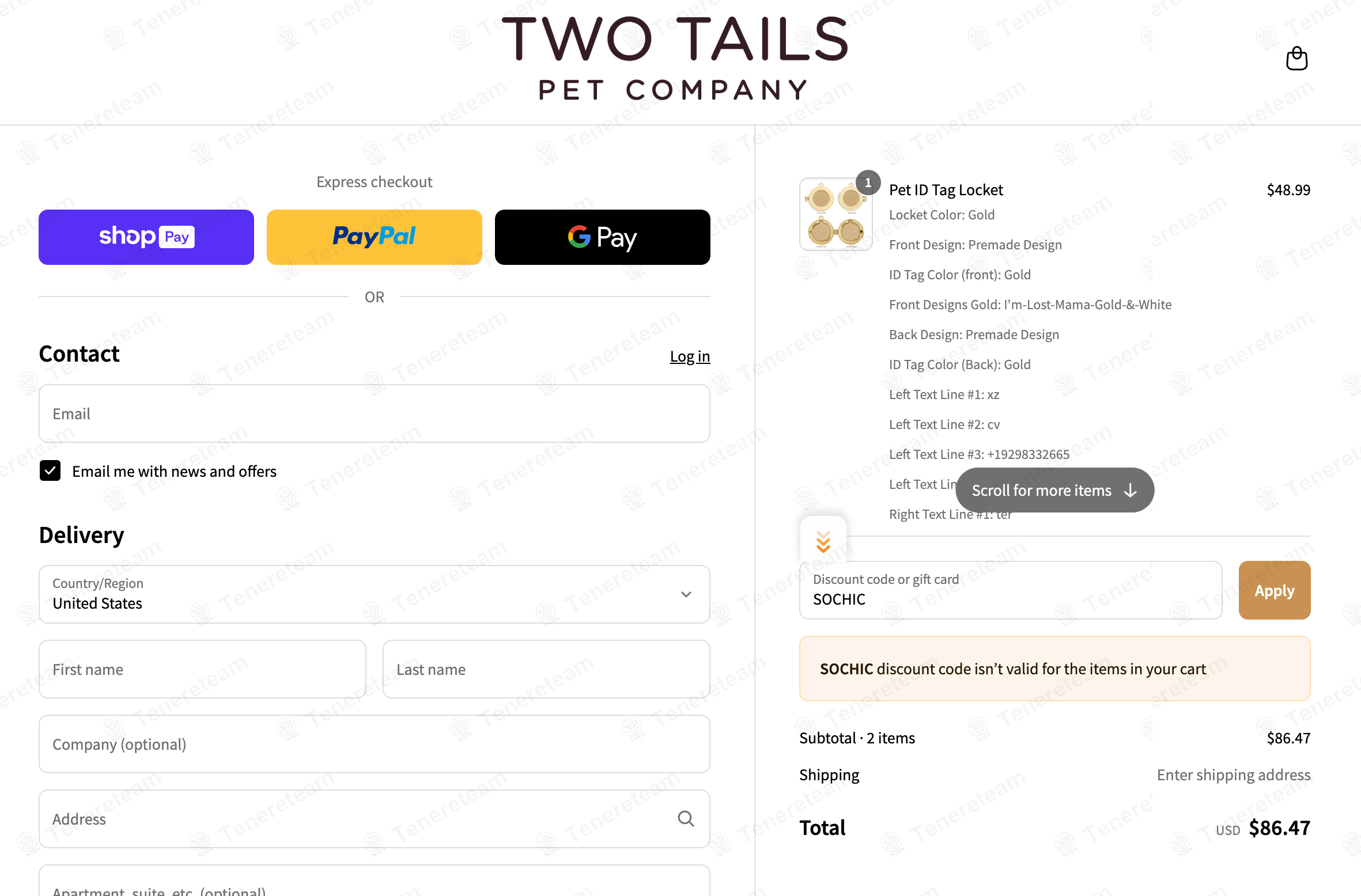 Two Tails Pet Company coupon code: 10% off with SOCHIC. Tested and valid as 8 months ago.