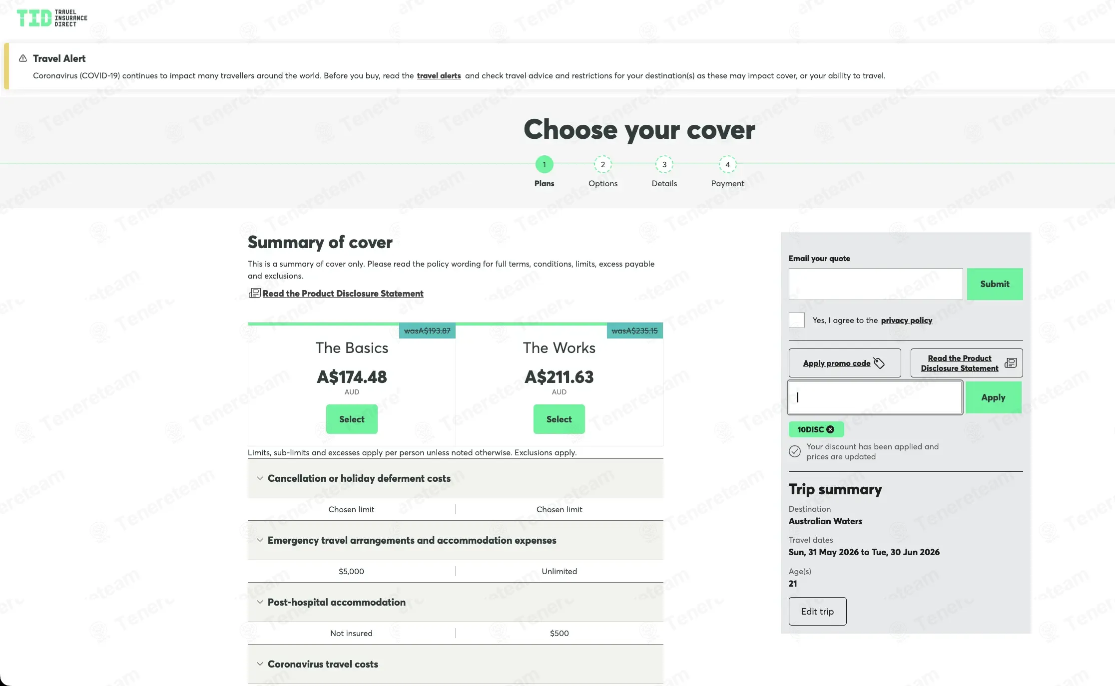 Travel Insurance Direct coupon code: 10% off with 10DISC. Tested and valid as 1 month ago.