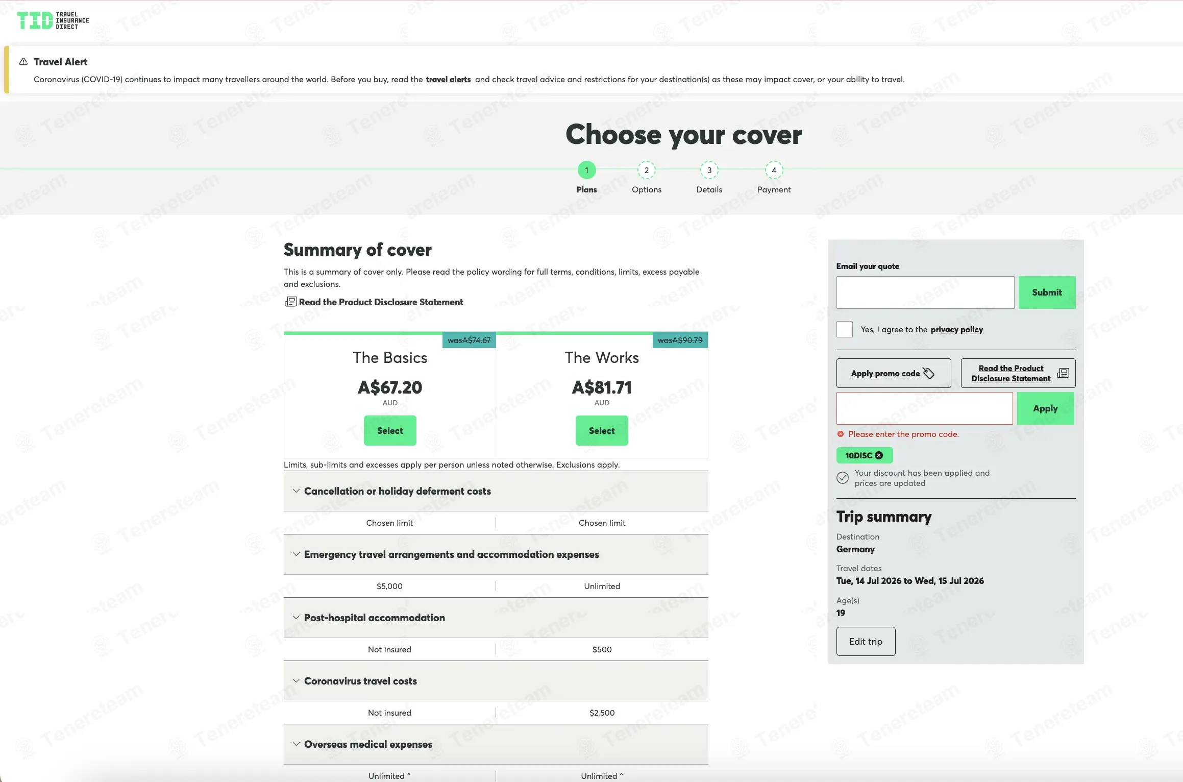 Travel Insurance Direct coupon code: 10% off with 10DISC. Tested and valid as 1 month ago.