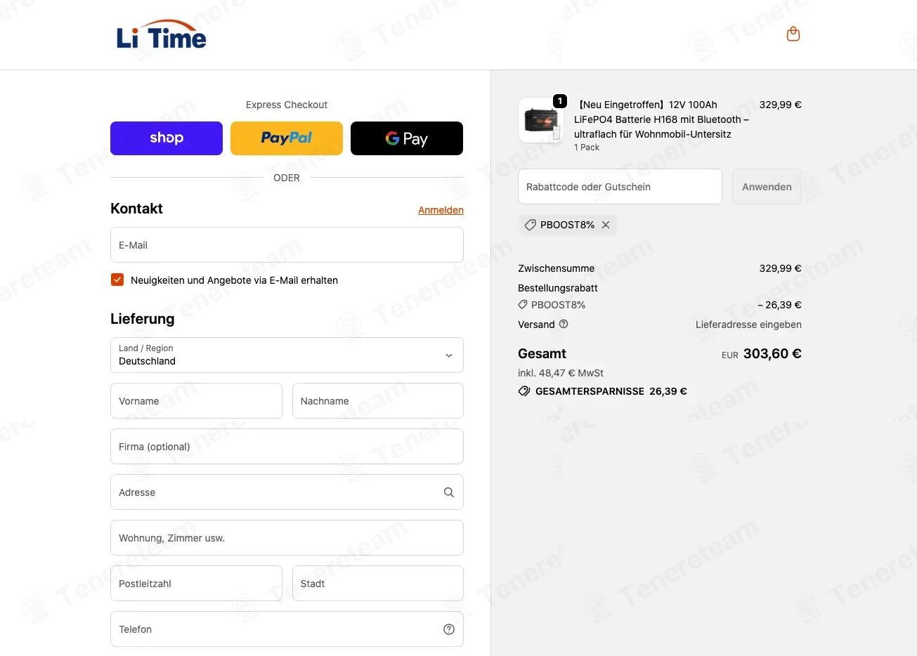 LiTime DE coupon code: 8% off with PBOOST8%. Tested and valid as 2 weeks ago.