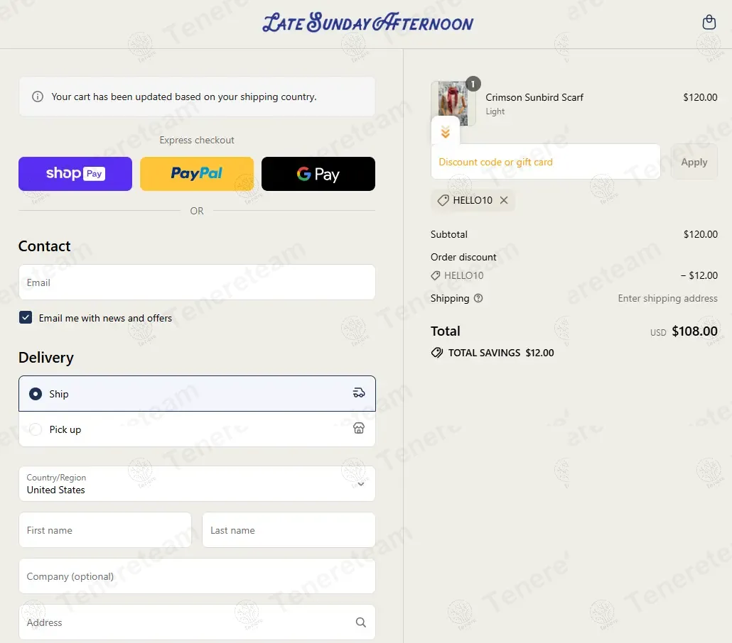Late Sunday Afternoon coupon code: 10% off with HELLO10. Tested and valid as 8 months ago.