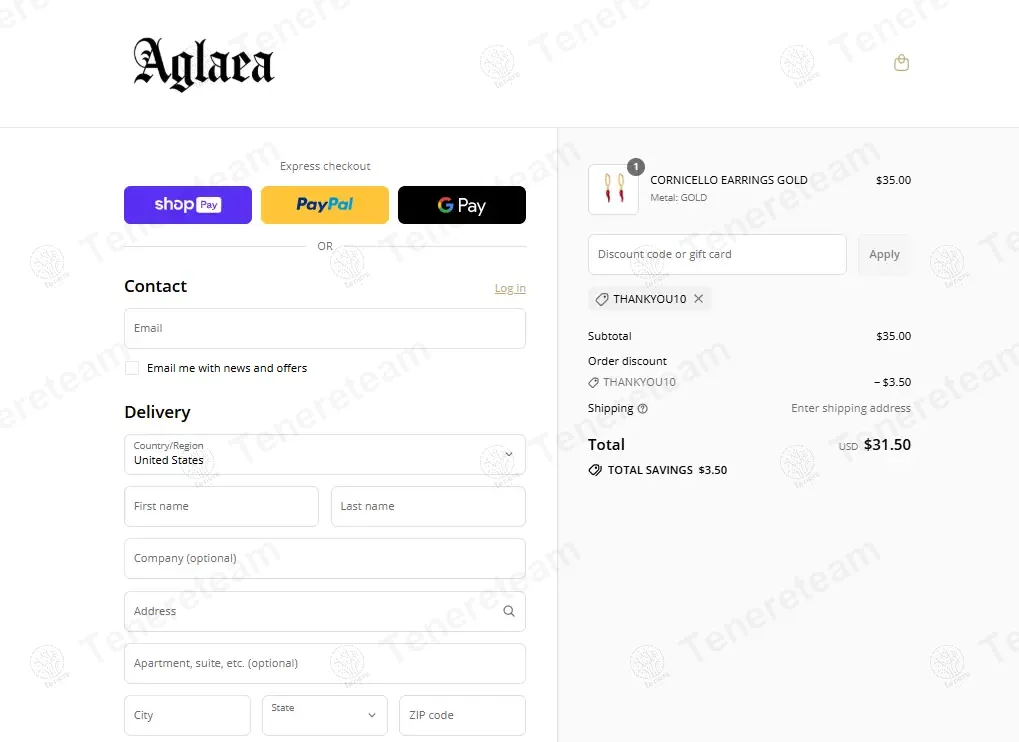 Aglaea Jewellery coupon code: 10% off with thankyou10. Tested and valid as 9 months ago.