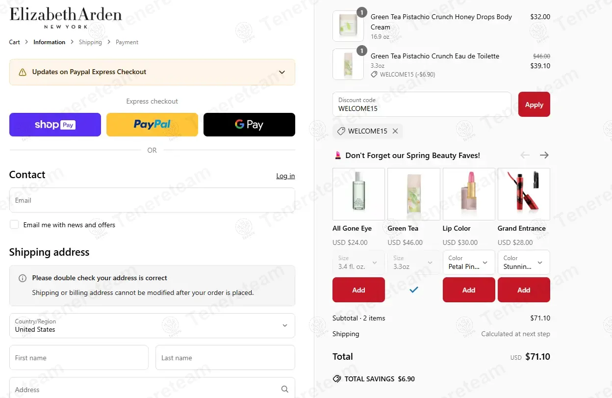 Elizabeth Arden coupon code: 15% off with WELCOME15. Tested and valid as 1 year ago.