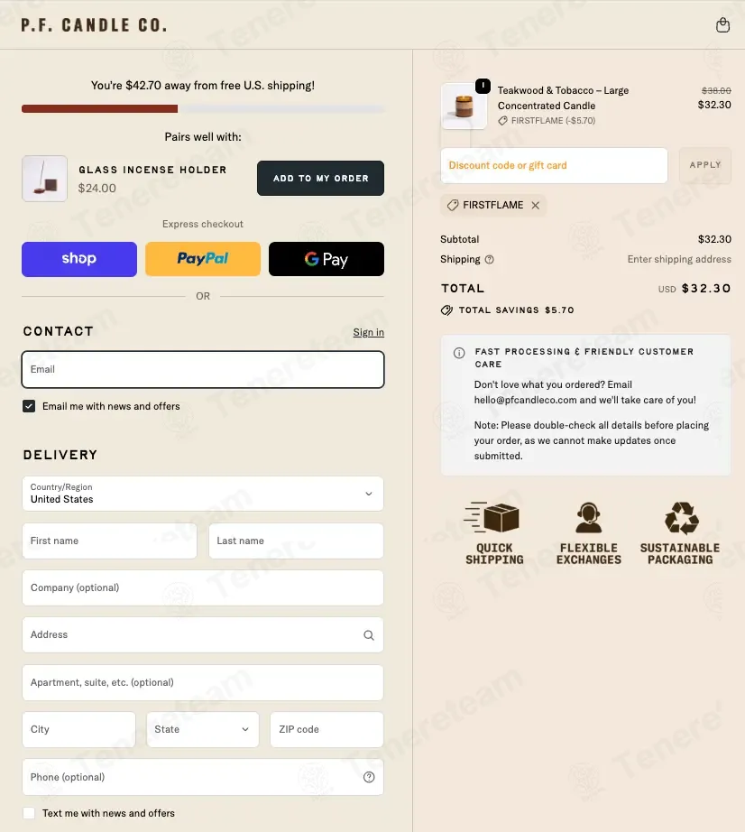 P F Candle Co coupon code: 15% off with FIRSTFLAME. Tested and valid as 6 months ago.