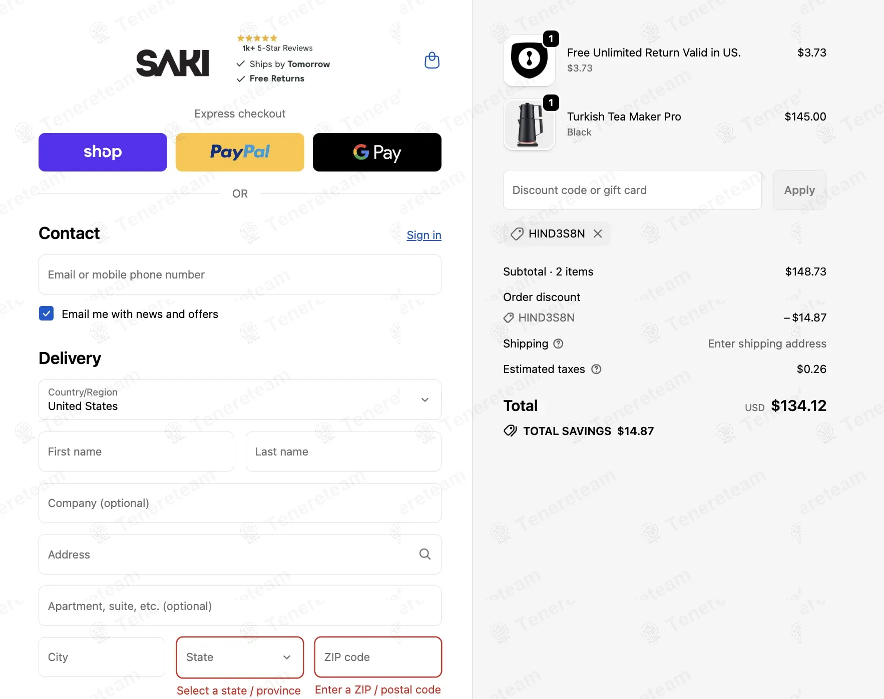 Saki US coupon code: 10% off with HIND3S8N. Tested and valid as 9 months ago.
