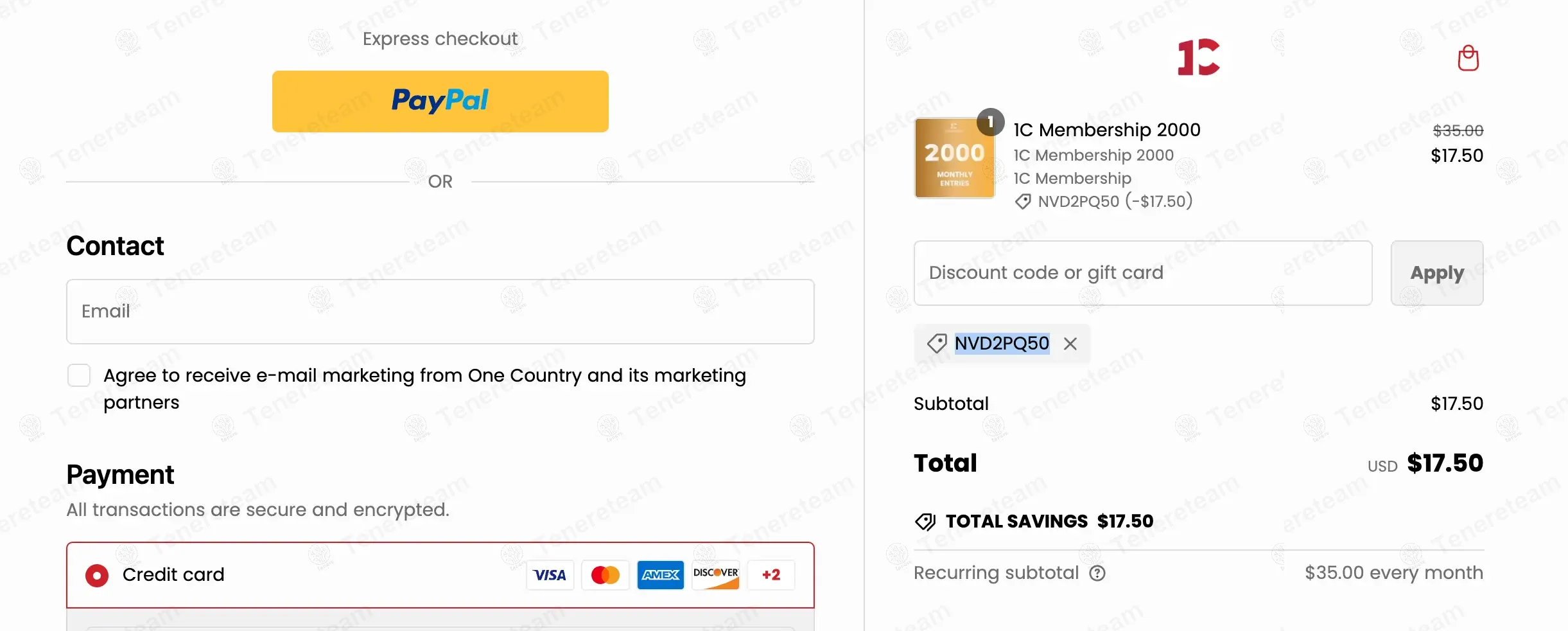 One Country coupon code: 50% off with NVD2PQ50. Tested and valid as 11 months ago.