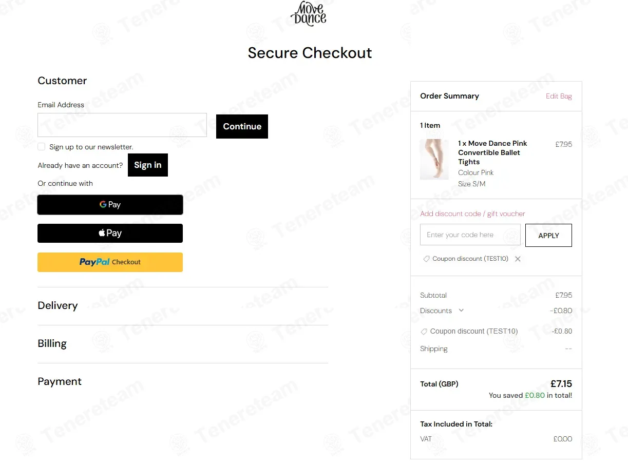 Move Dancewear coupon code: 10% off with TEST10. Tested and valid as 3 months ago.