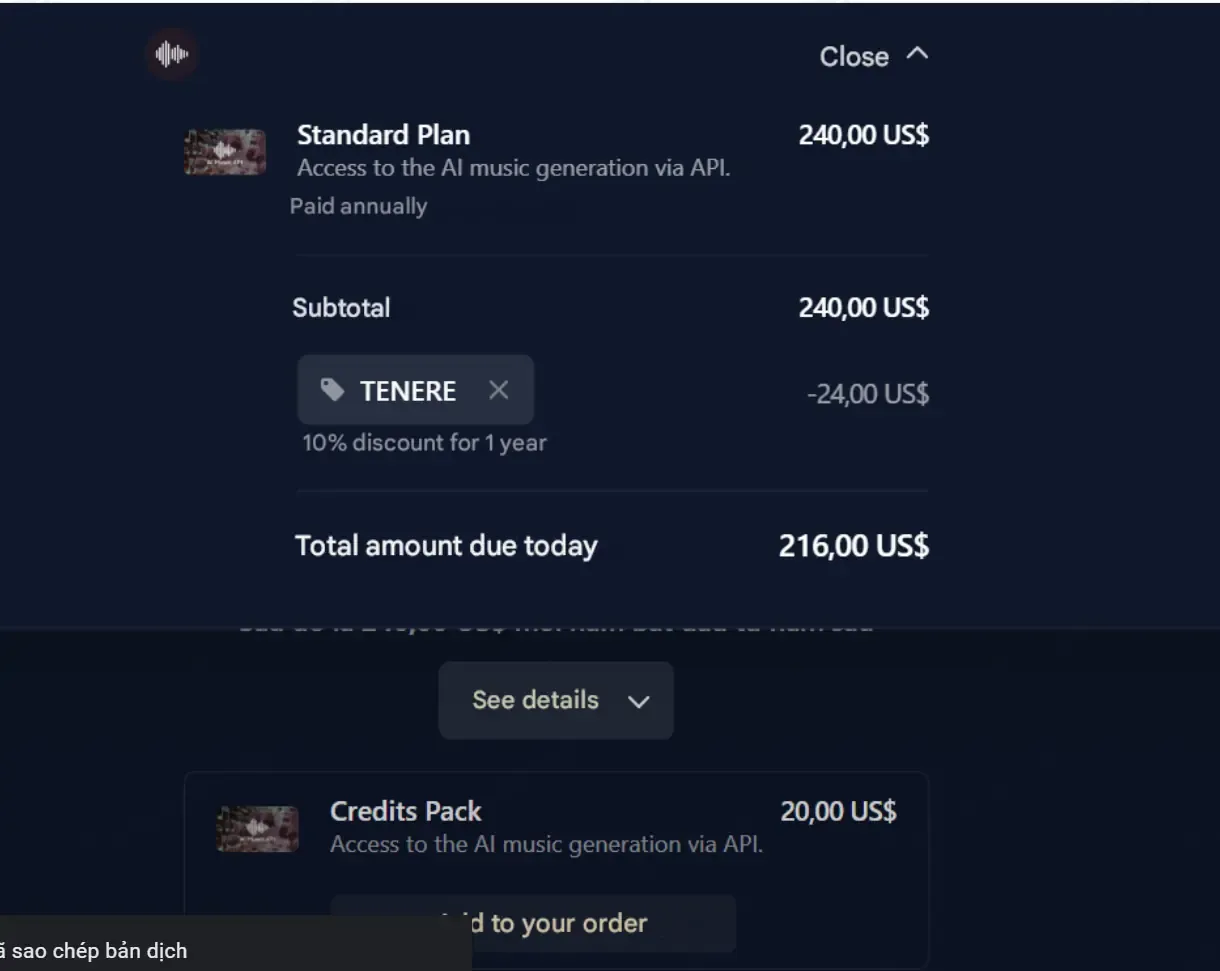 Music API AI coupon code: 10% off with TENERE. Tested and valid as 1 month ago.
