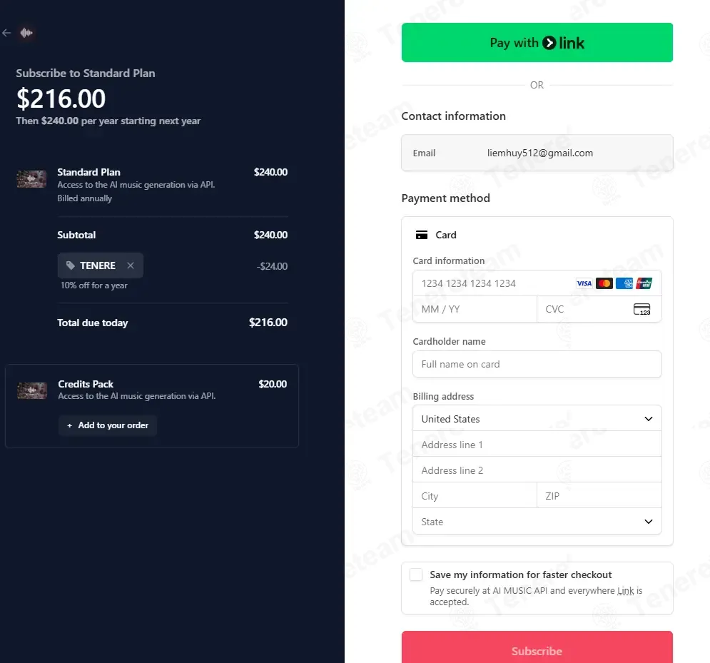 Music API AI coupon code: 10% off with TENERE. Tested and valid as 1 month ago.