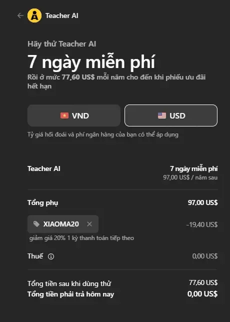Teacher AI coupon code: 20% off with XIAOMA20. Tested and valid as 1 month ago.