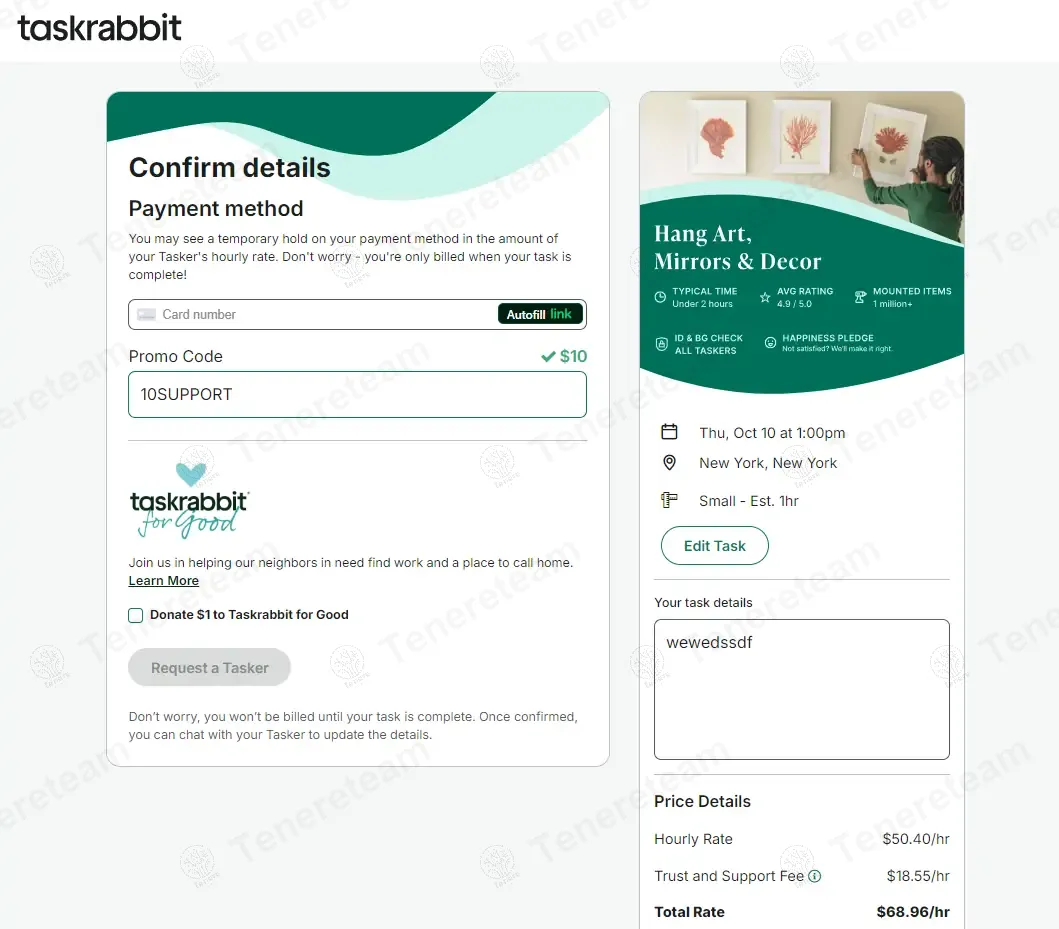 TaskRabbit coupon code: $10 off with 10SUPPORT. Tested and valid as 1 year ago.
