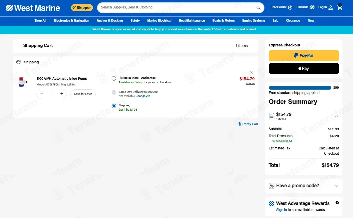 West Marine coupon code: 10% off with WMARINE14. Tested and valid as 15 hours ago.