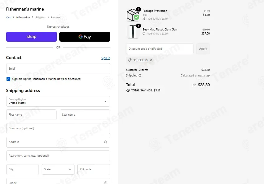 Fisherman's marine coupon code: 10% off with FISHFISH10. Tested and valid as 2 weeks ago.