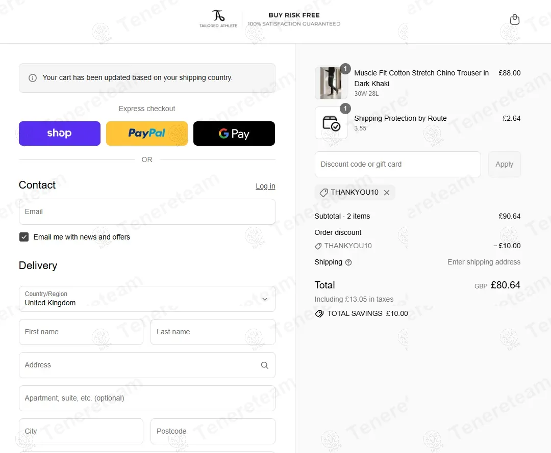 TAILORED ATHLETE coupon code: £10 off with THANKYOU1. Tested and valid as 4 months ago.