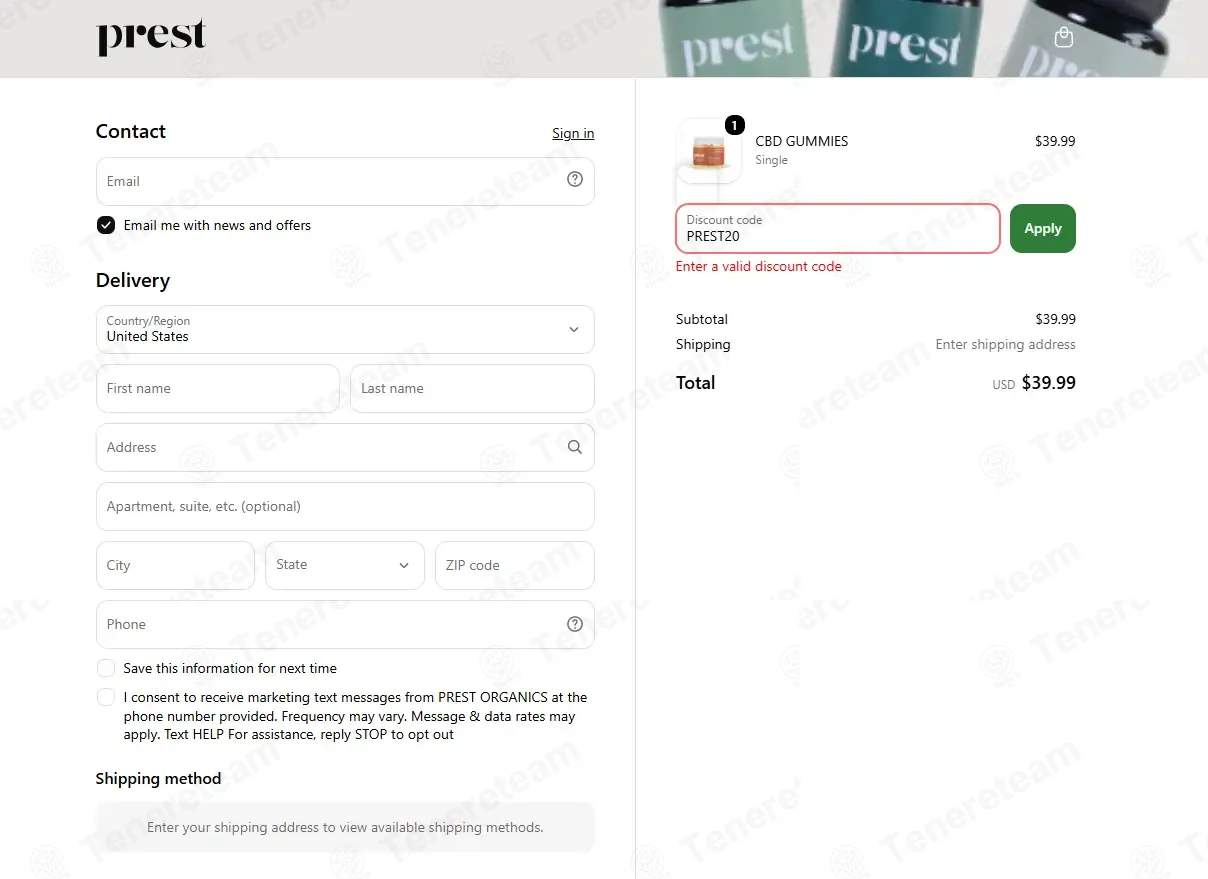 Prest Organics coupon code: 20% off with PREST20. Tested and valid as 1 week ago.