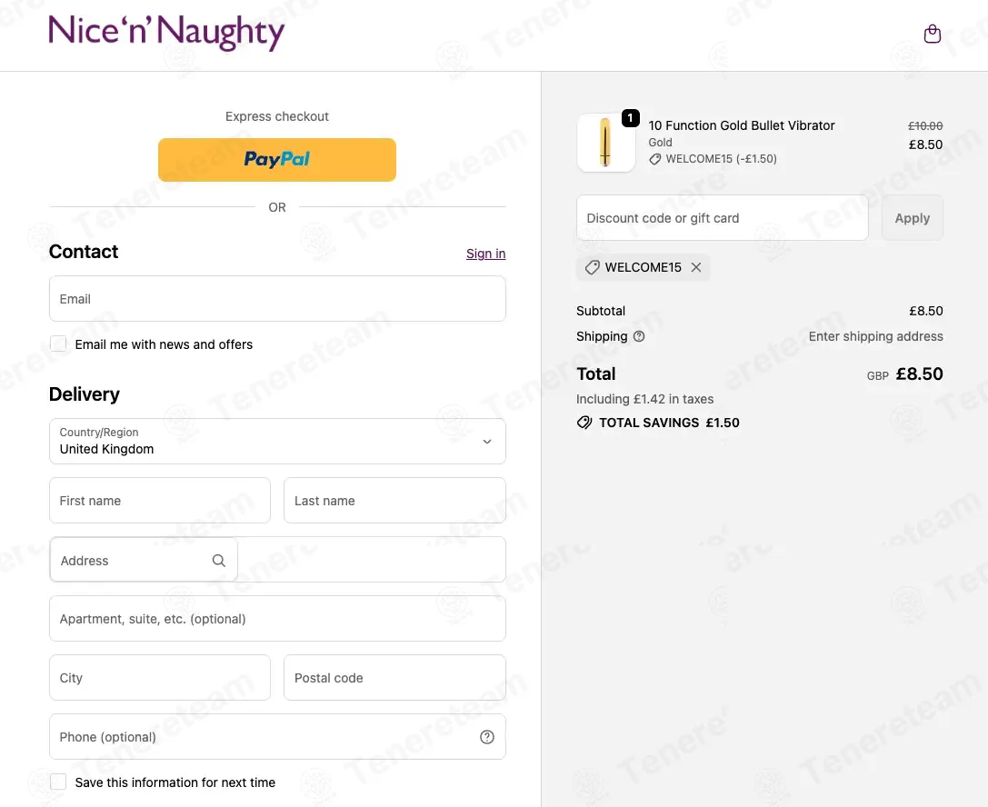 Nice 'n' Naughty coupon code: 15% off with WELCOME15. Tested and valid as 1 week ago.