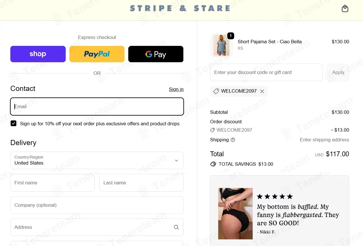 Stripe And Stare coupon code: 10% off with WELCOME2097. Tested and valid as 2 weeks ago.