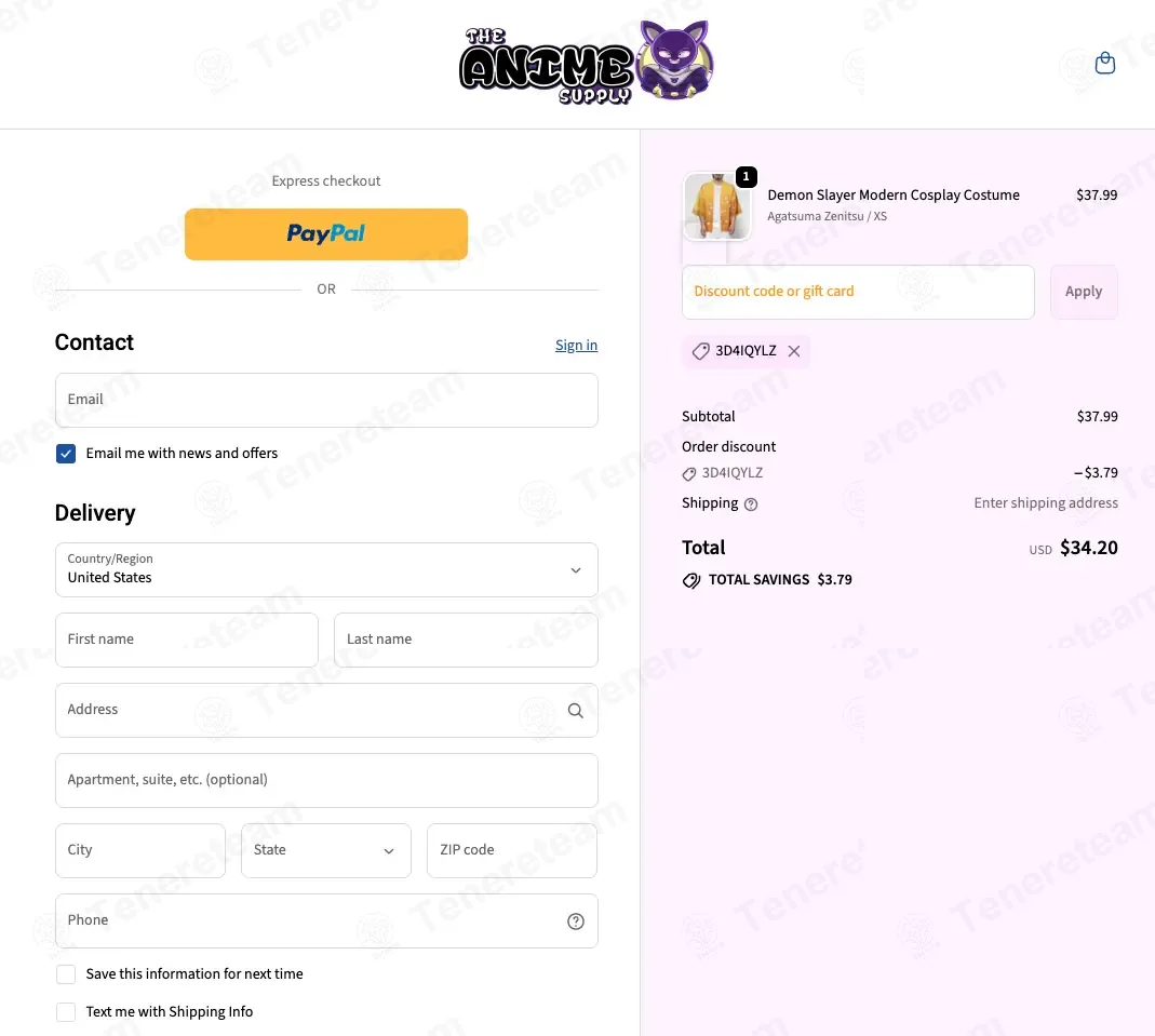 The Anime Supply coupon code: 10% off with 3D4IQYLZ. Tested and valid as 1 week ago.