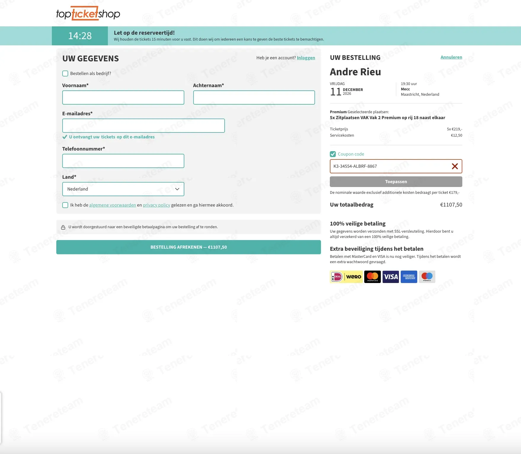 Topticketshop NL coupon code: 5% off with K3-34554-ALBRF-8867. Tested and valid as 4 days ago.