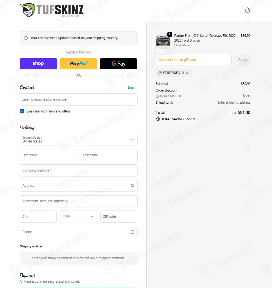 Tufskinz coupon code: 10% off with FORDSIXFO10. Tested and valid as 6 months ago.