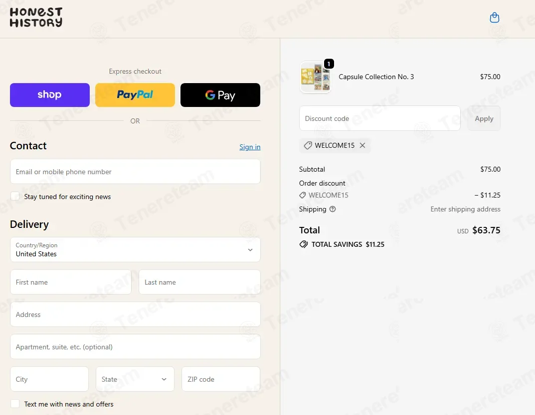Honest History coupon code: 15% off with WELCOME15. Tested and valid as 2 months ago.