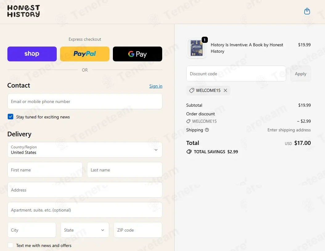 Honest History coupon code: 15% off with WELCOME15. Tested and valid as 2 months ago.