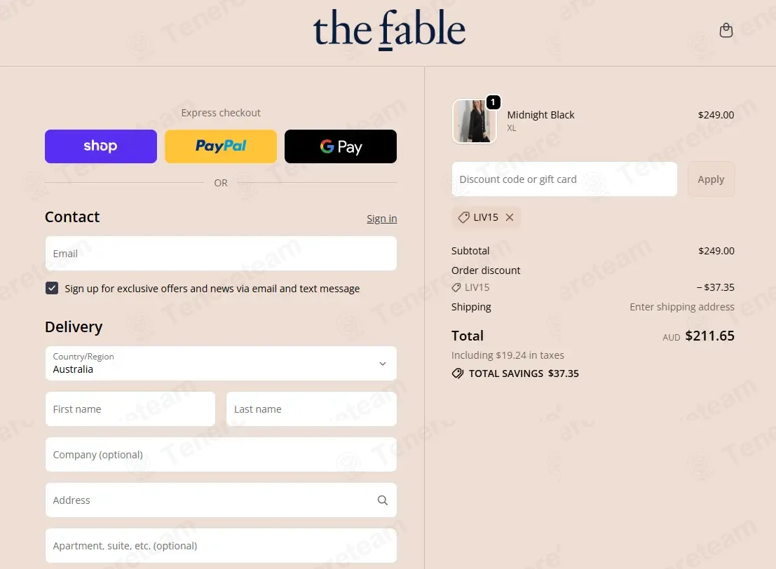 The Fable AU coupon code: 15% off with LIV15. Tested and valid as 4 months ago.