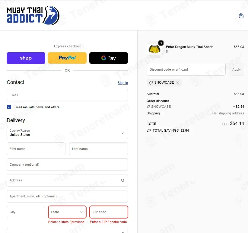 Muay Thai Addict coupon code: 5% off with SHOWCASE. Tested and valid as 3 weeks ago.
