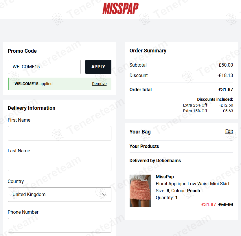 Misspap coupon code: 15% off with WELCOME15. Tested and valid as 1 year ago.