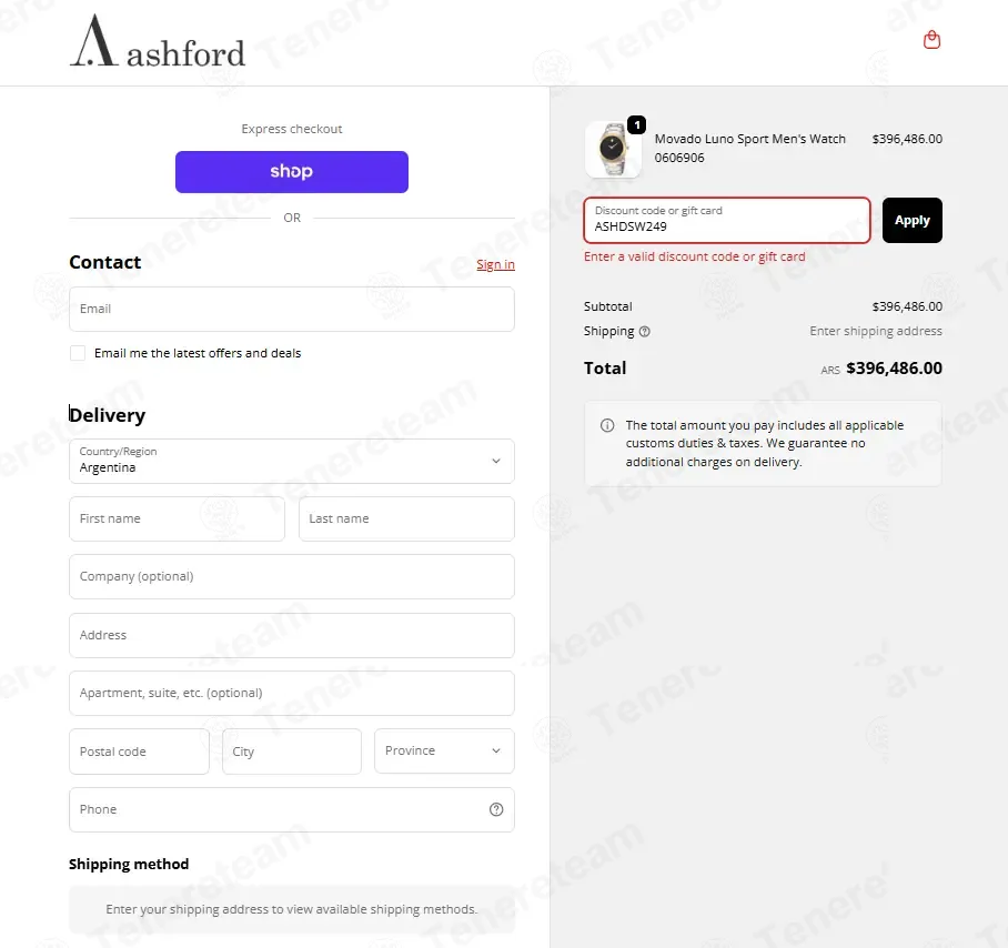 Ashford coupon code: 80% off with ASHDSW249. Tested and valid as 2 months ago.