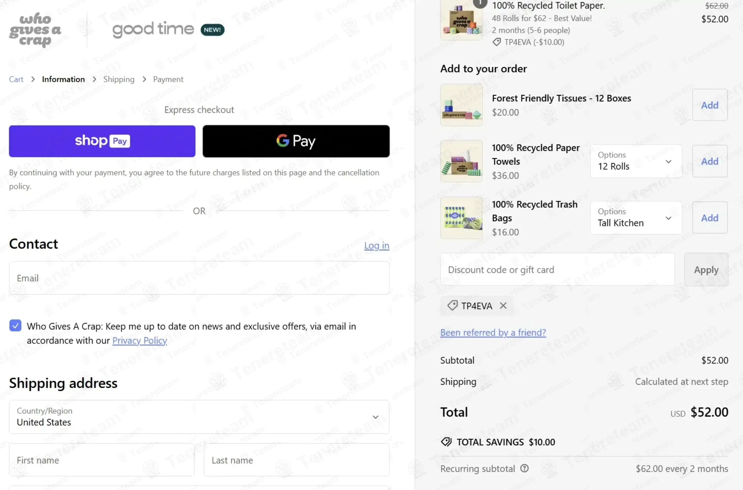 Who Gives A Crap coupon code: $15 off with TP4EVA. Tested and valid as 12 hours ago.