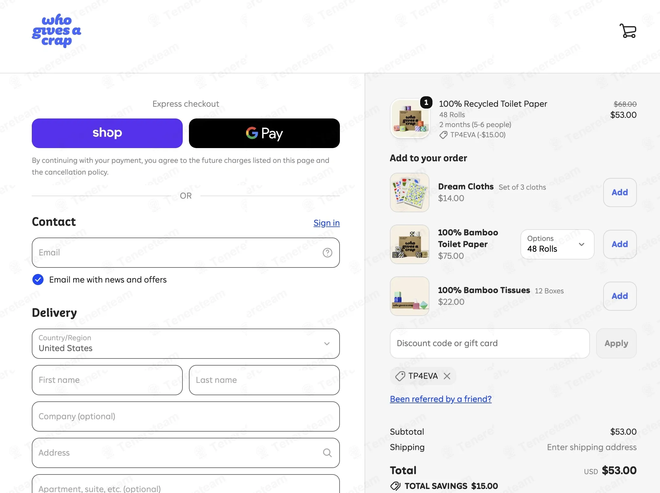Who Gives A Crap coupon code: $15 off with TP4EVA. Tested and valid as 12 hours ago.