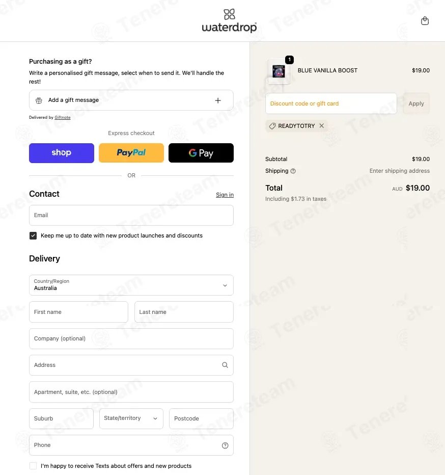 Waterdrop Au & Nz coupon code: Sale off with READYTOTRY. Tested and valid as 1 month ago.