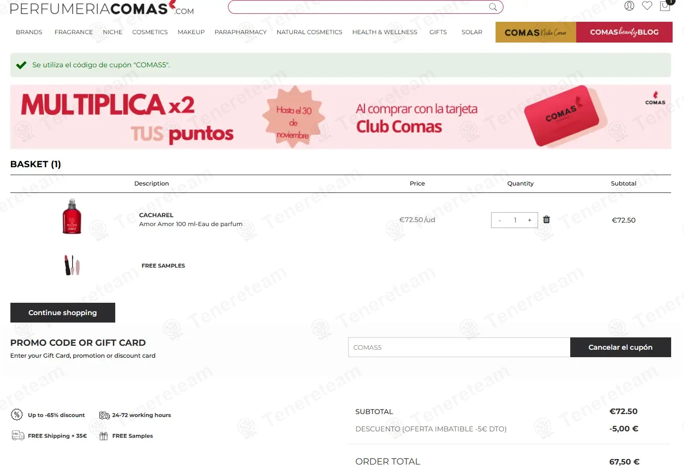 Perfumeria Comas coupon code: €5 off with COMAS5. Tested and valid as 11 months ago.