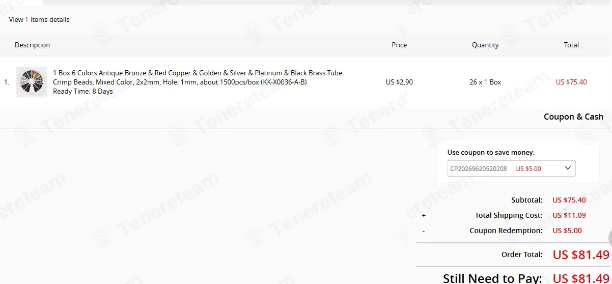 JewelryAndFindings coupon code: $5 off with CP20269620520208. Tested and valid as 2 weeks ago.