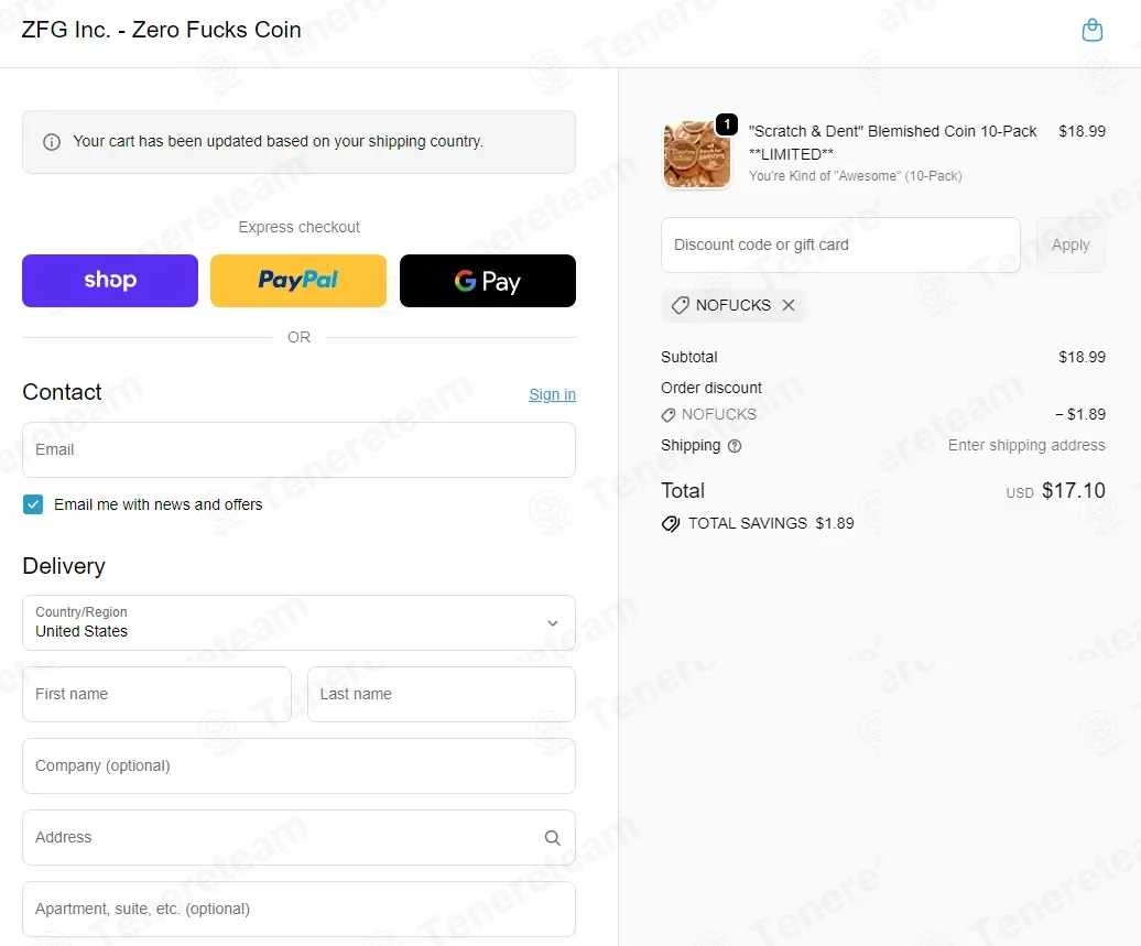 Zero Fucks Given Coins coupon code: 10% off with NOFUCKS. Tested and valid as 1 month ago.