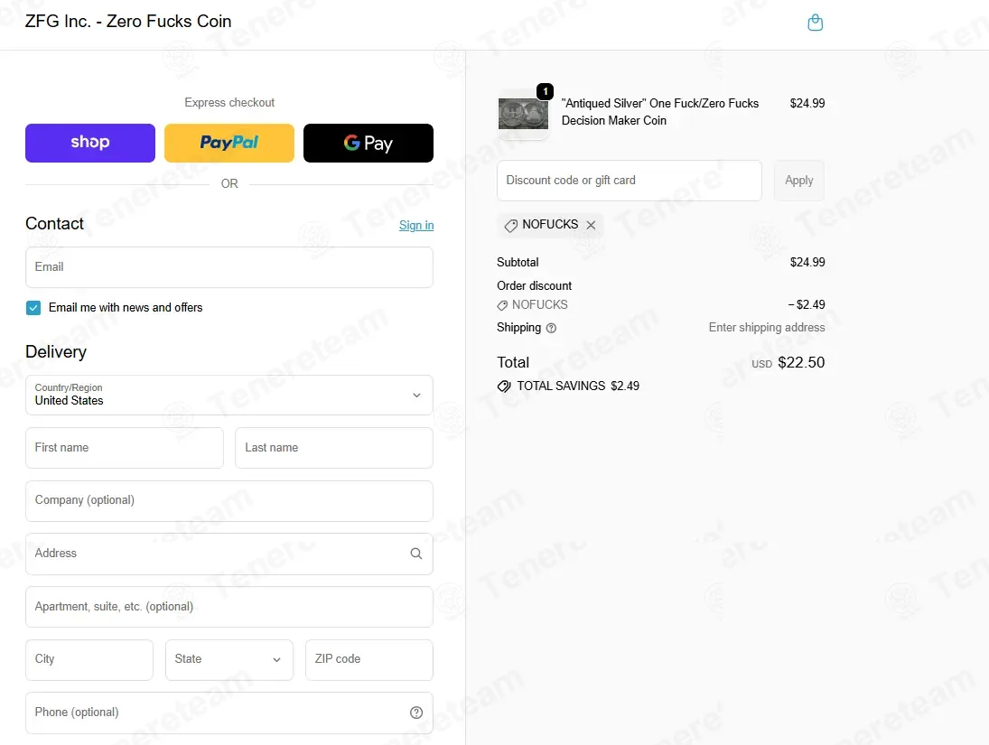 Zero Fucks Given Coins coupon code: 10% off with NOFUCKS. Tested and valid as 1 month ago.