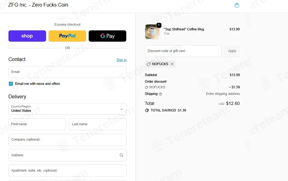 Zero Fucks Given Coins coupon code: 10% off with NOFUCKS. Tested and valid as 1 month ago.