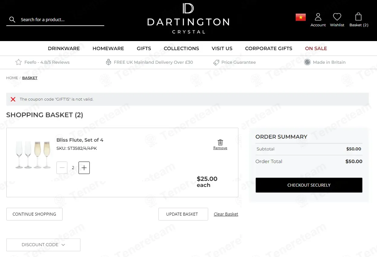 Dartington Crystal coupon code: 15% off with GIFT15. Tested and valid as 3 months ago.