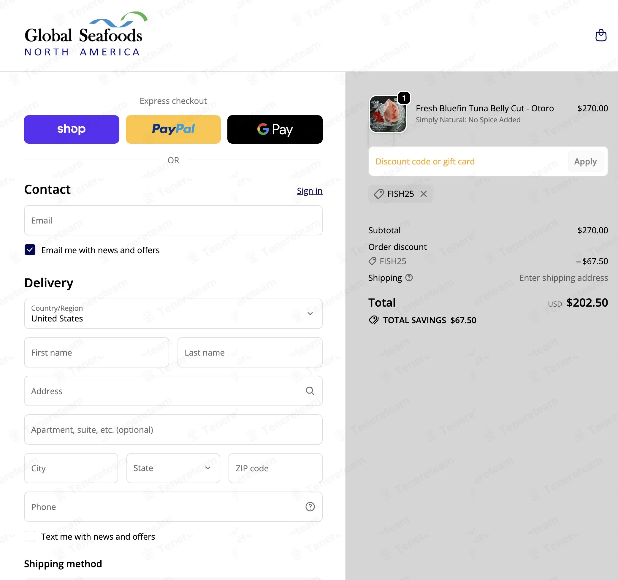 Global Seafoods coupon code verified as working at checkout