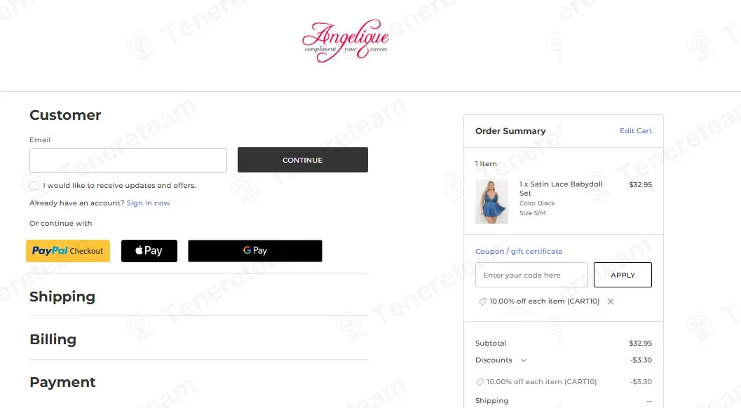 Angelique Lingerie coupon code: 10% off with CART10. Tested and valid as 2 weeks ago.
