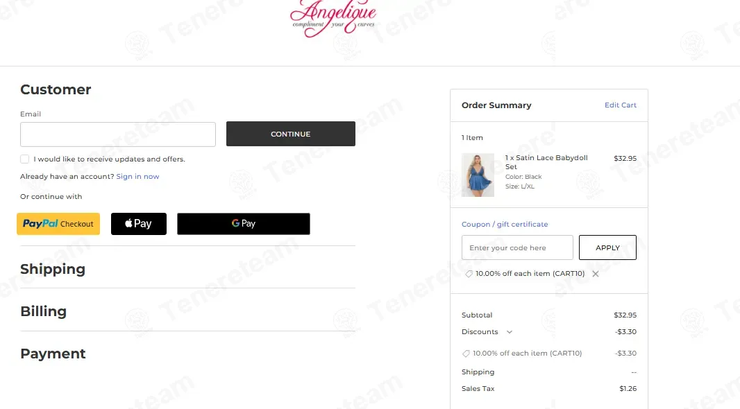 Angelique Lingerie coupon code: 10% off with CART10. Tested and valid as 2 weeks ago.