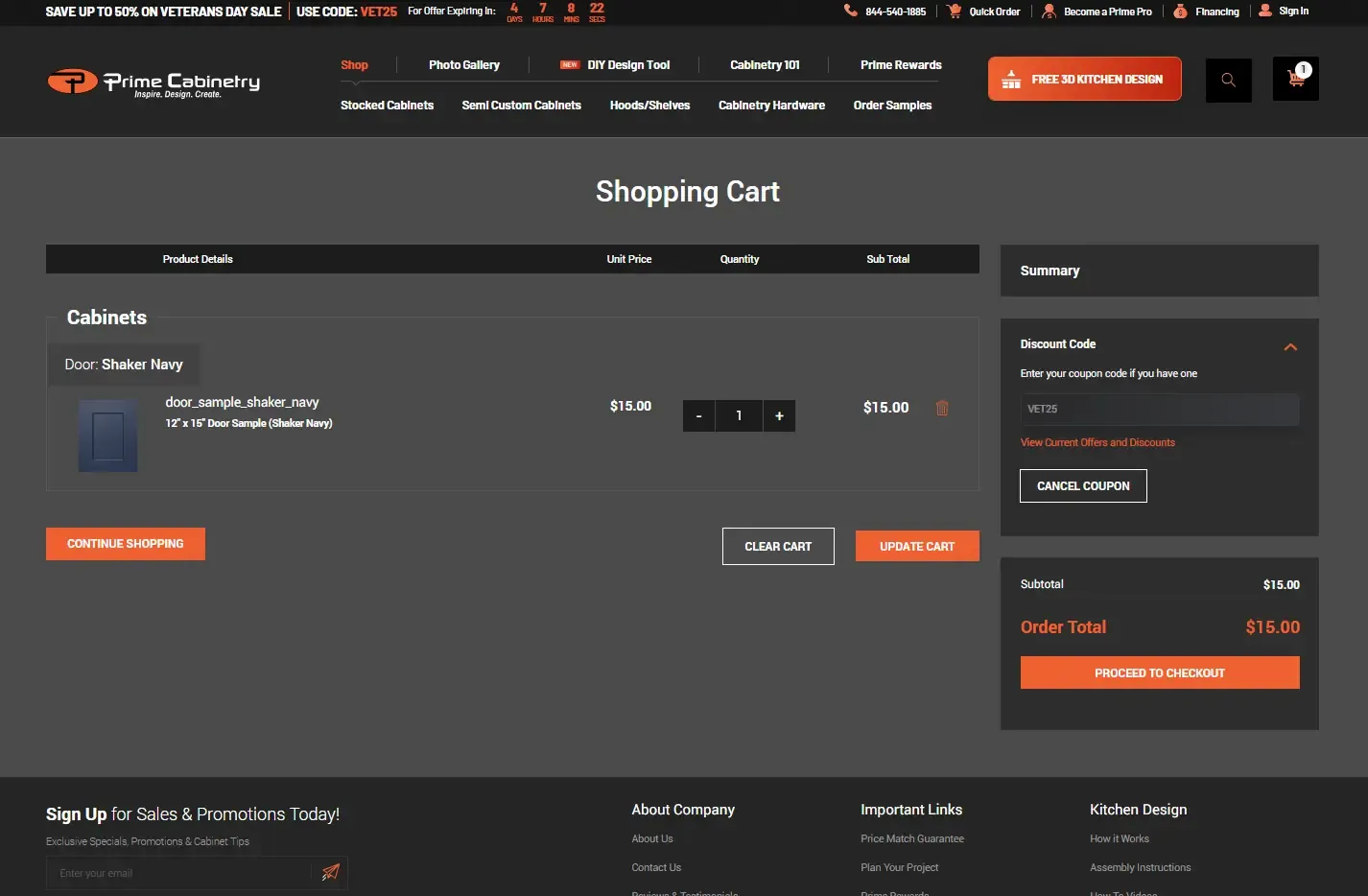 Prime Cabinetry coupon code: 20% off with VET25. Tested and valid as 7 months ago.